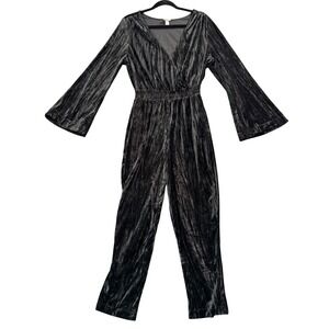 Womens Black Crushed Velvet Bell Sleeve Jumpsuit Y2K Mod Retro Size M